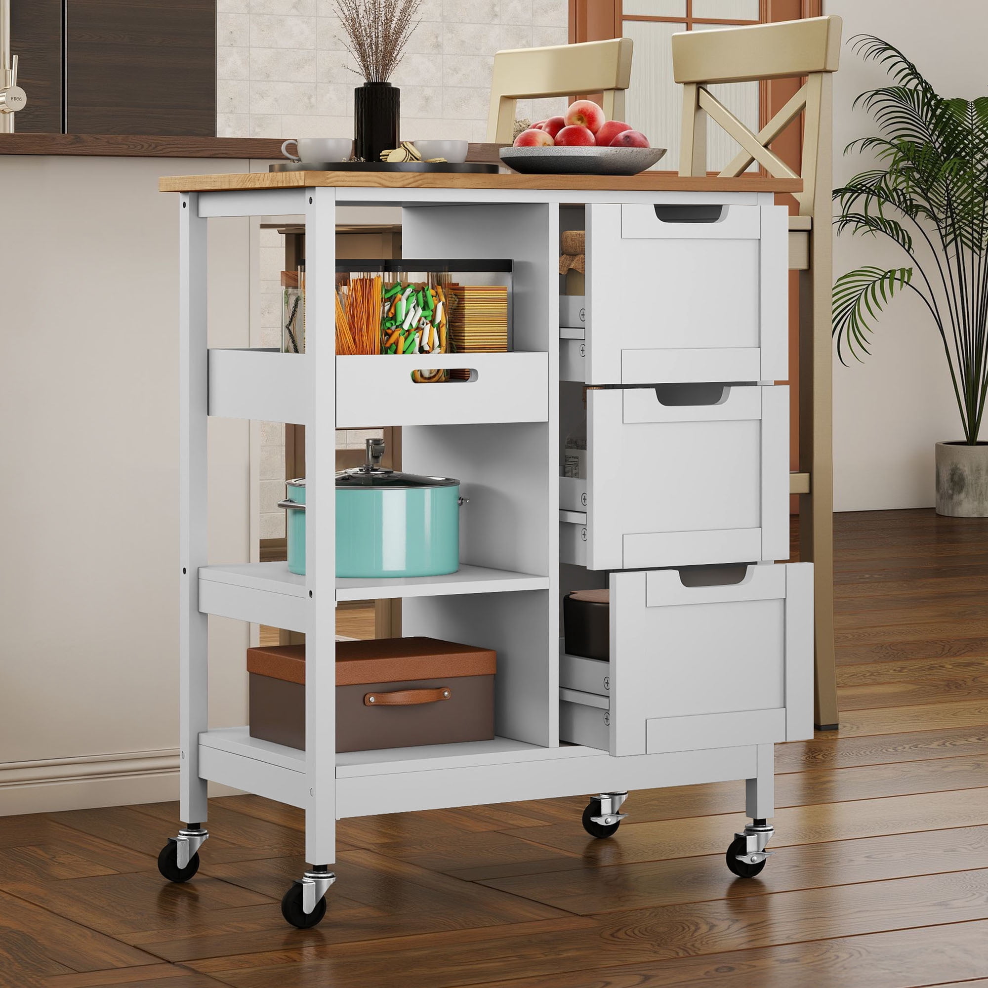 Uforic Wood Rolling Kitchen Cart, Mobile Storage Trolley with Drawers & Shelves, Solid Wood Top & Lockable Casters, White