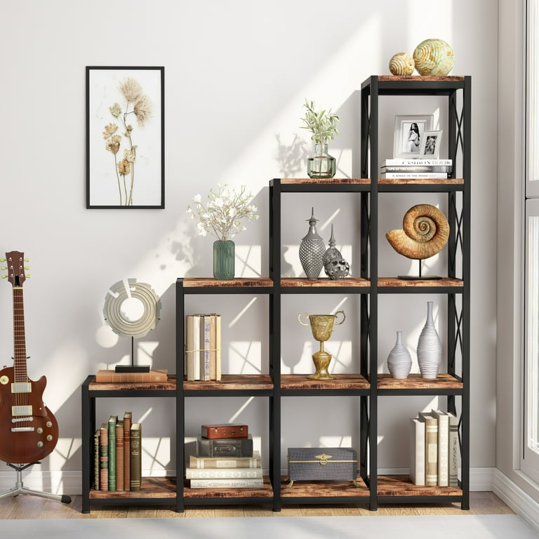PAKASEPT 14 Shelves Bookshelf Ladder Corner Bookshelf Industrial Vintage Bookshelf Rustic 5 Tier Display Shelf Storage Organizer for Home Office