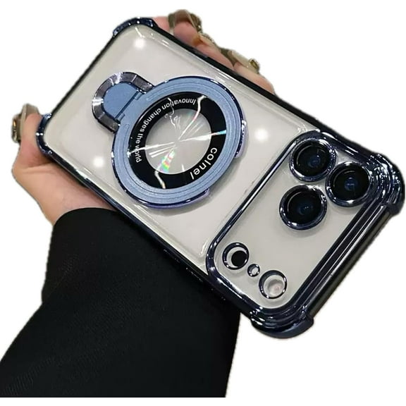 for iPhone 17 Pro Max Clear Case with Magnetic Ring Stand, [Compatible with MagSafe] Shockproof Kickstand Plating Soft Case Camera Lens Protector Girls Phone Cover for 17 Pro Max 6.9", Blue