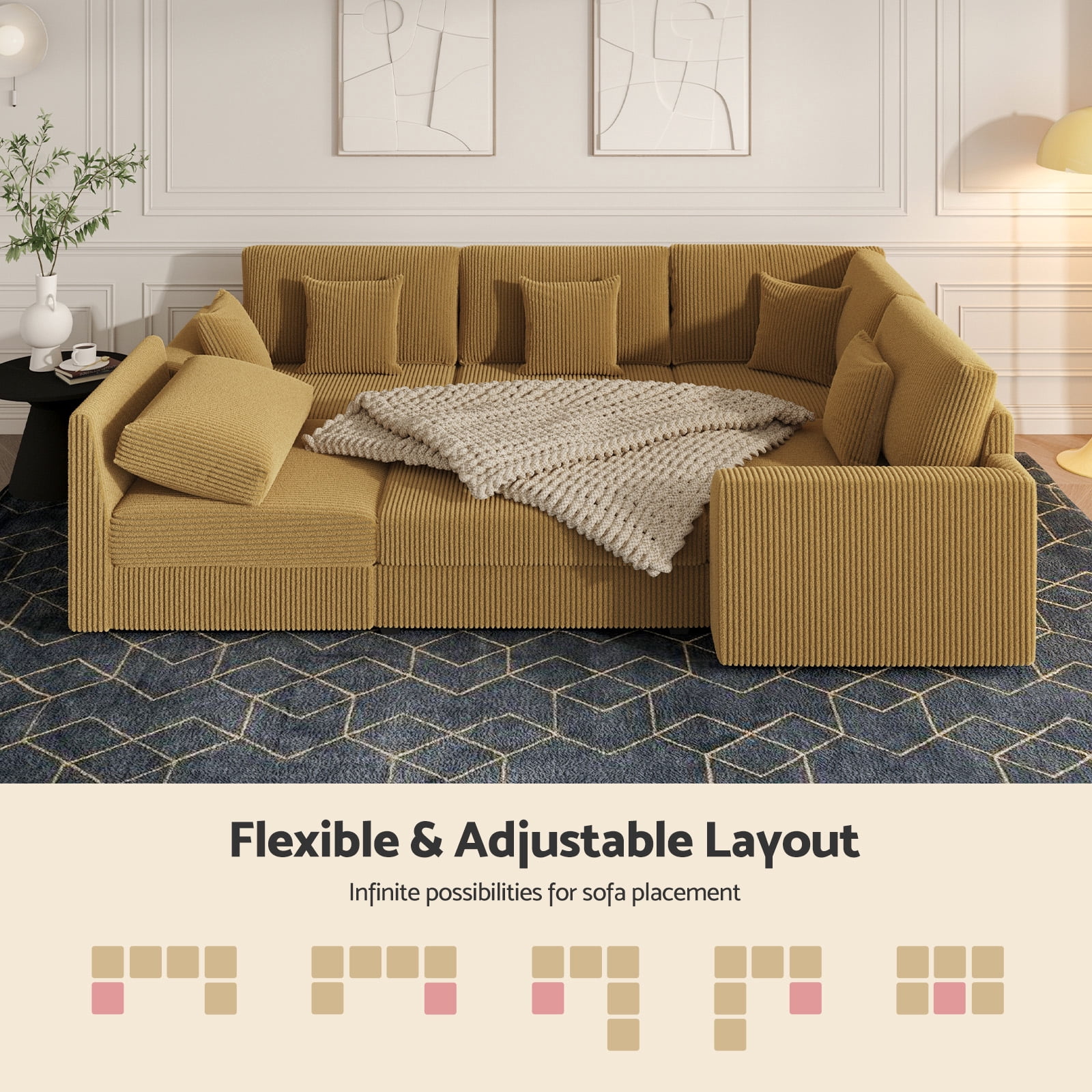 Advwin 146" Oversized Corduroy Modular Sectional Sofa, 6-Seat Convertible Sleeper Sofa with Ottoman & 5 Pillows, Modern L-Shaped Lounge Couch for Living Rooms, Yellow