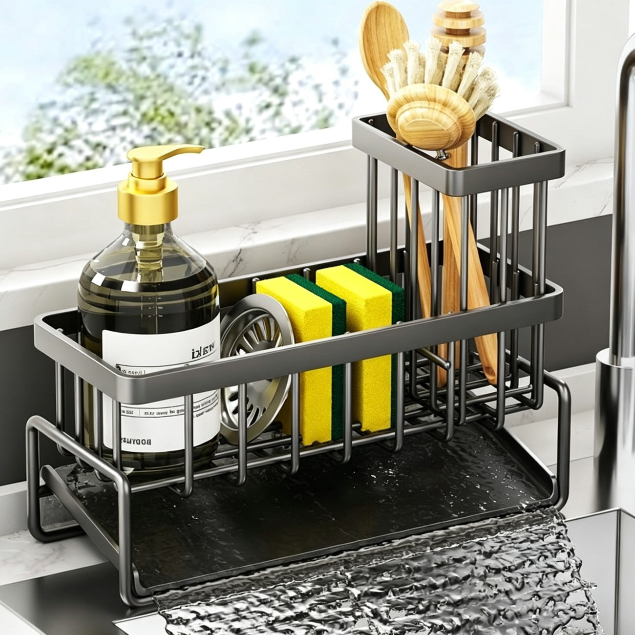 Kitchen Sink Caddy Basket Drain Rack Sponge Holder, 9.45 x 3.94 x 10.24 in