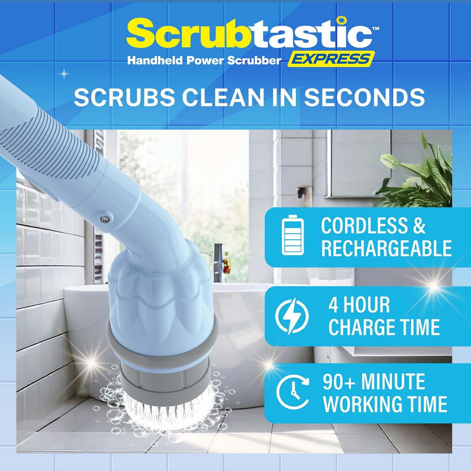 Bell + Howell Scrubtastic Express Blue Rechargeable Handheld Power Scrubber – Cordless Bathroom Cleaner