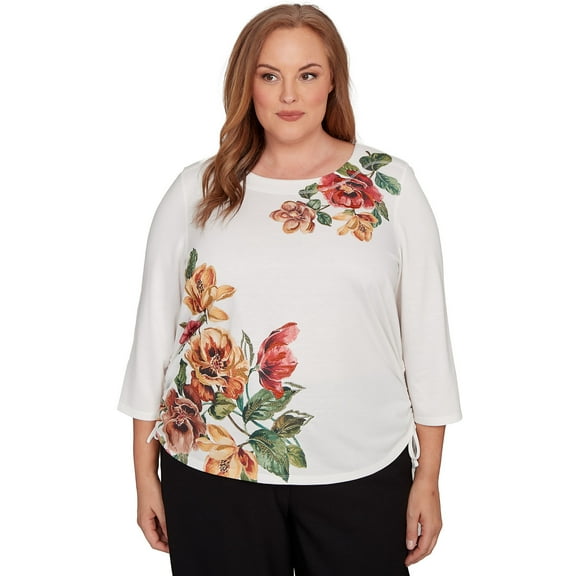 Alfred Dunner Womens Plus-Size Asymmetric Floral Side Tie Top