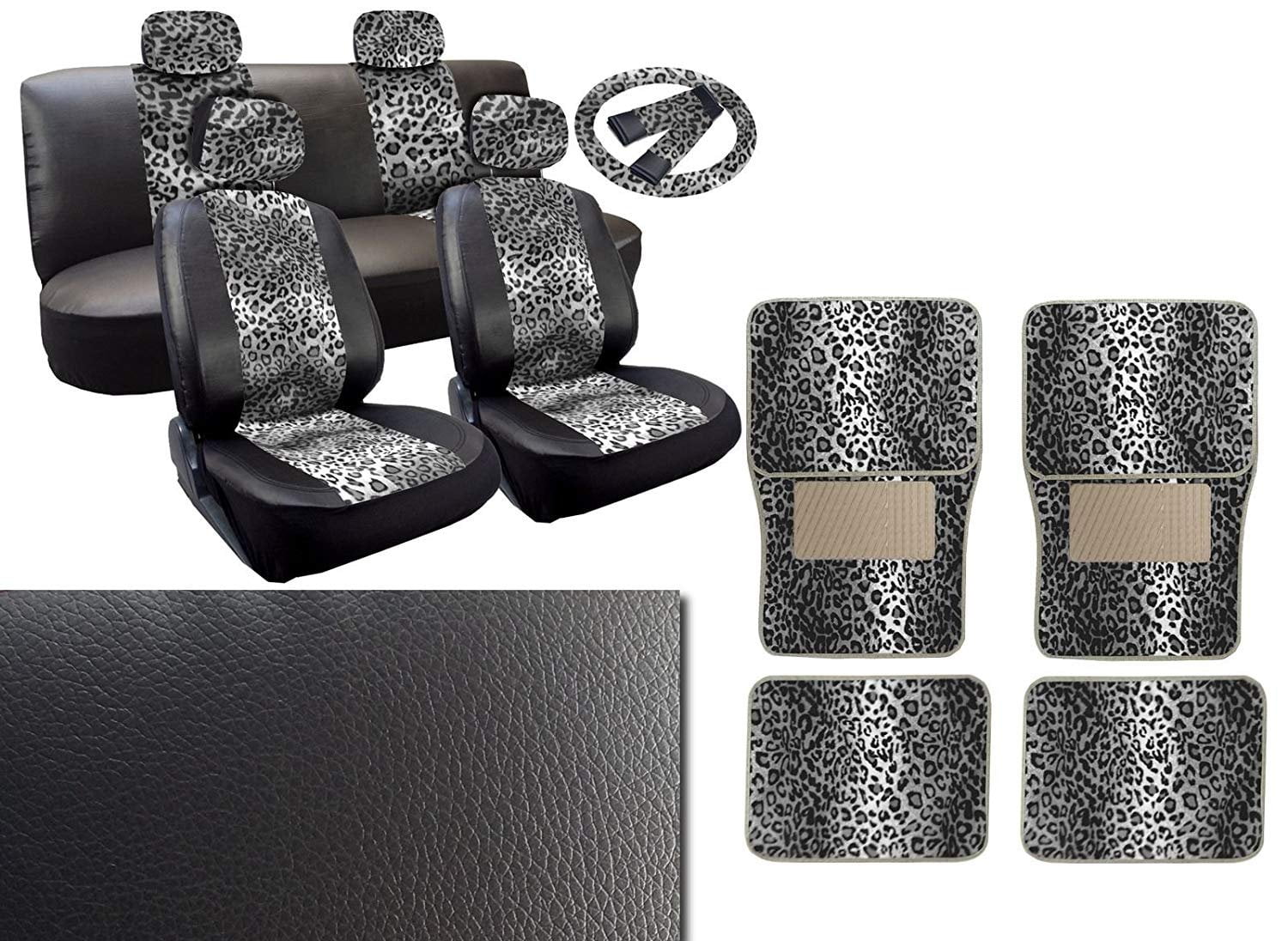 Gray Leopard Deluxe Leatherette 13pc Full Car Seat Cover Set Premium
