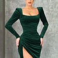 thumbnail image 2 of Women Velvet Party Square Collar Ruched Midi Dress Elegant Evening Cocktail, 2 of 11