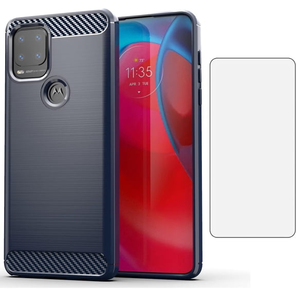MYKOMI Phone Case for Moto G Stylus 5G 2021 with Tempered Glass Screen Protector Cover and Slim Thin Soft TPU Film Cell Accessories Protective Motorola GStylus G5 XT2131DL Women Men Carbon Fiber Blue