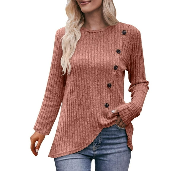 Tittly T Shirts for Women Long Sleeve Shirts for Women Women's Round Neck Bar Brushed Hem Solid Color Button T Shirt Womens Tops New Years Eve Outfits Women Womens Summer Tops A L
