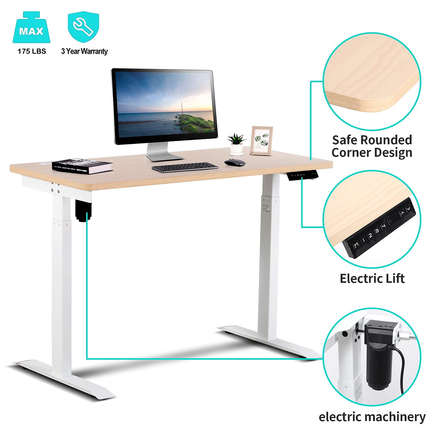 UNICOO® Height Adjustable Electric Standing Desk, 47.24 x 23.62 Inches Stand up Table, Sit Stand Home Office Desk with One Piece Tabletop (NTESMF01-W + 48 in Light Oak TOP)
