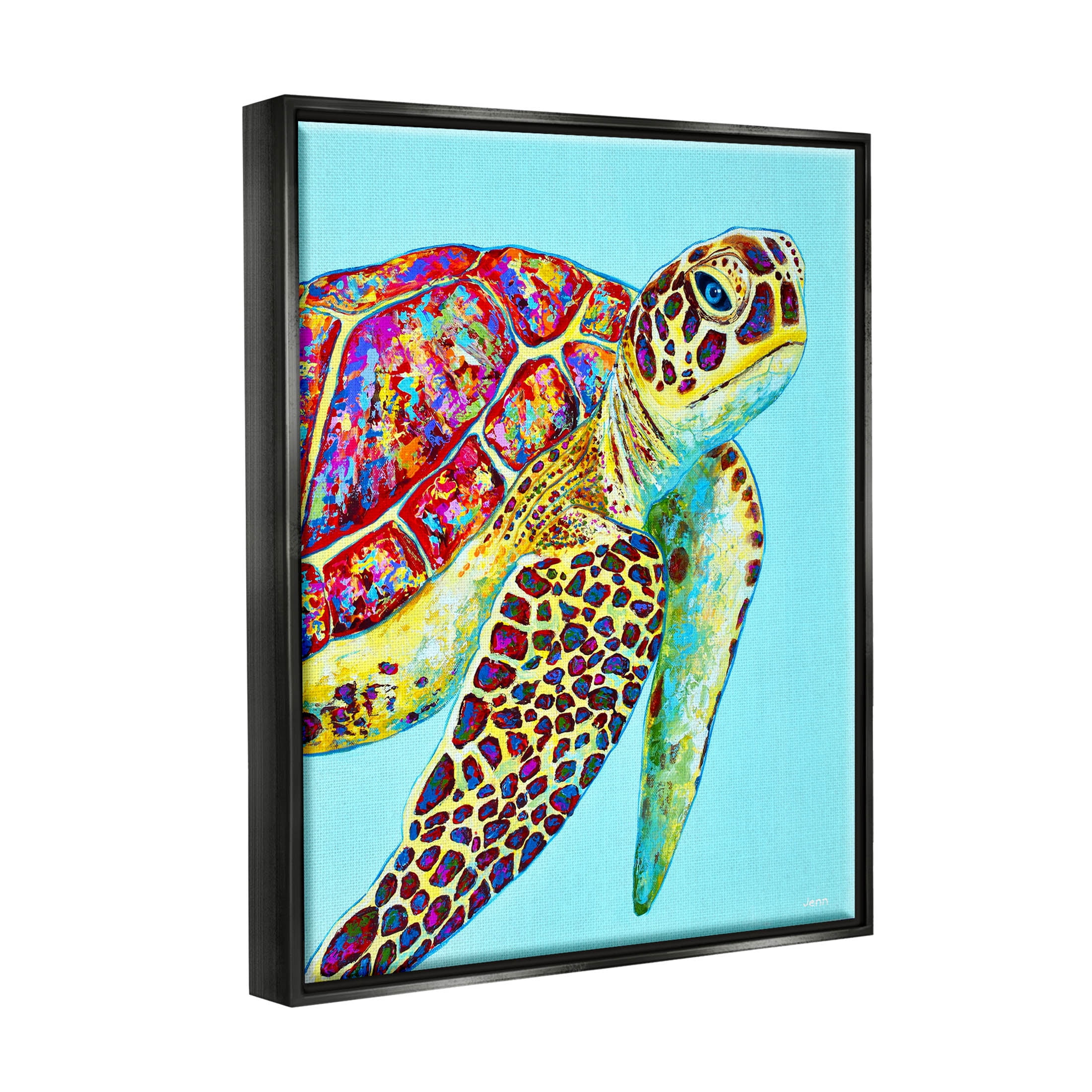 Swimming Sea Turtle Turquoise Accent Animals & Insects Graphic Art Jet Black Framed Art Print Wall Art