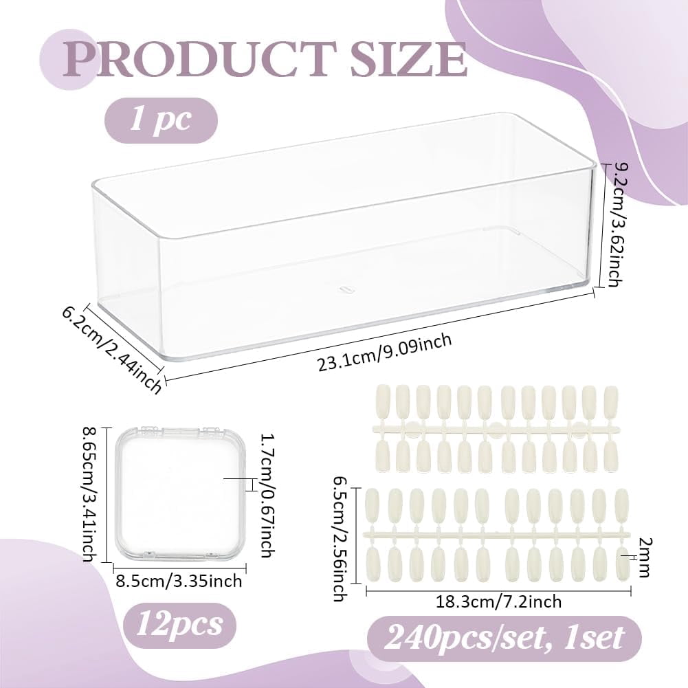 12pcs Clear Press on Nail Boxes Transparent Artificial Nail Packaging Cases Display Storage Box with 240pcs Plastic False Nail for Nail Art Practice Salon Manicure Craft