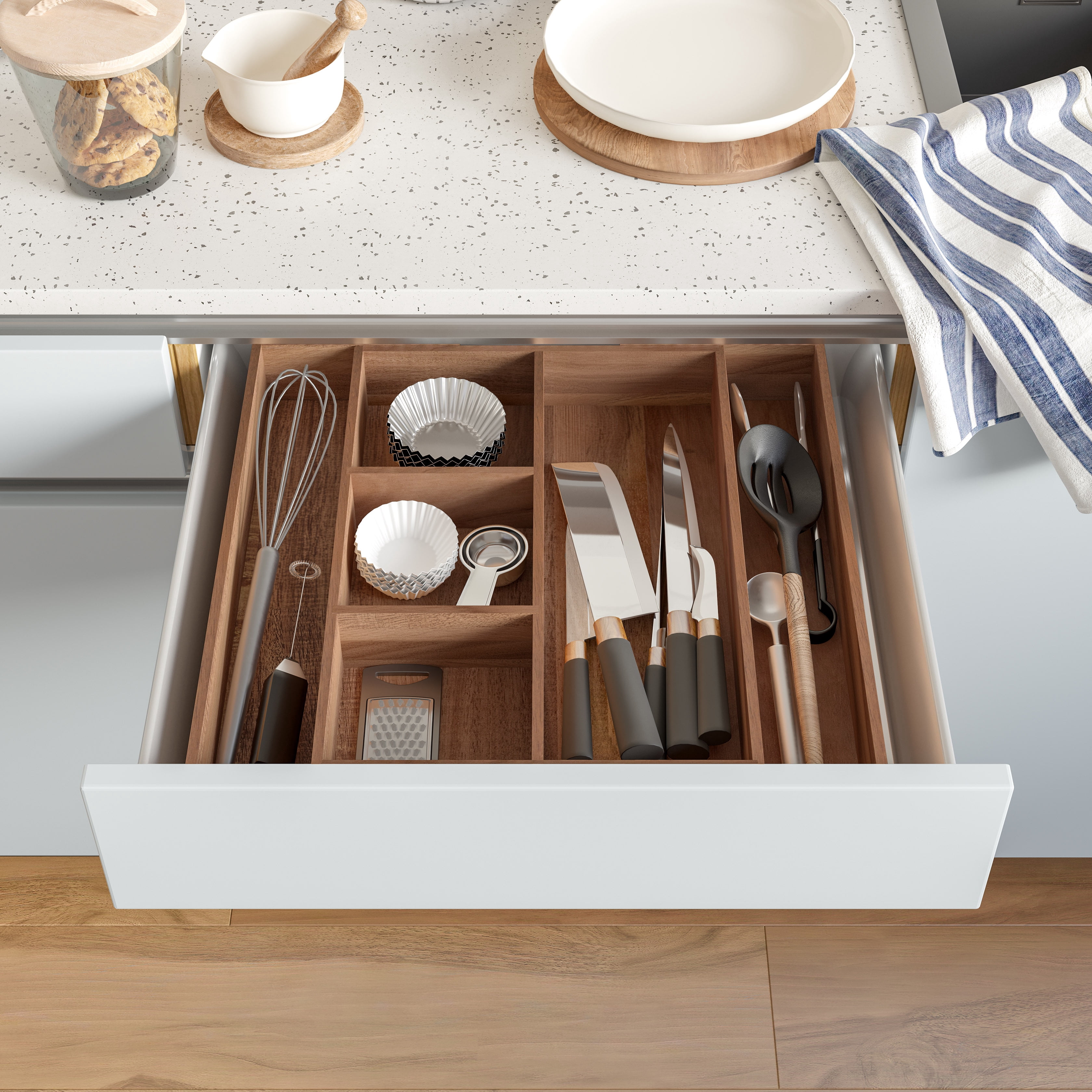 Seville Classics Acaicia Wood Premium Organizer Storage Bins for Kitchen Silverware, Pantry, Closet, Office Desk, Pens, Utensils, Makeup, K Cup, Acacia Wood, Bin Set (9 Piece)