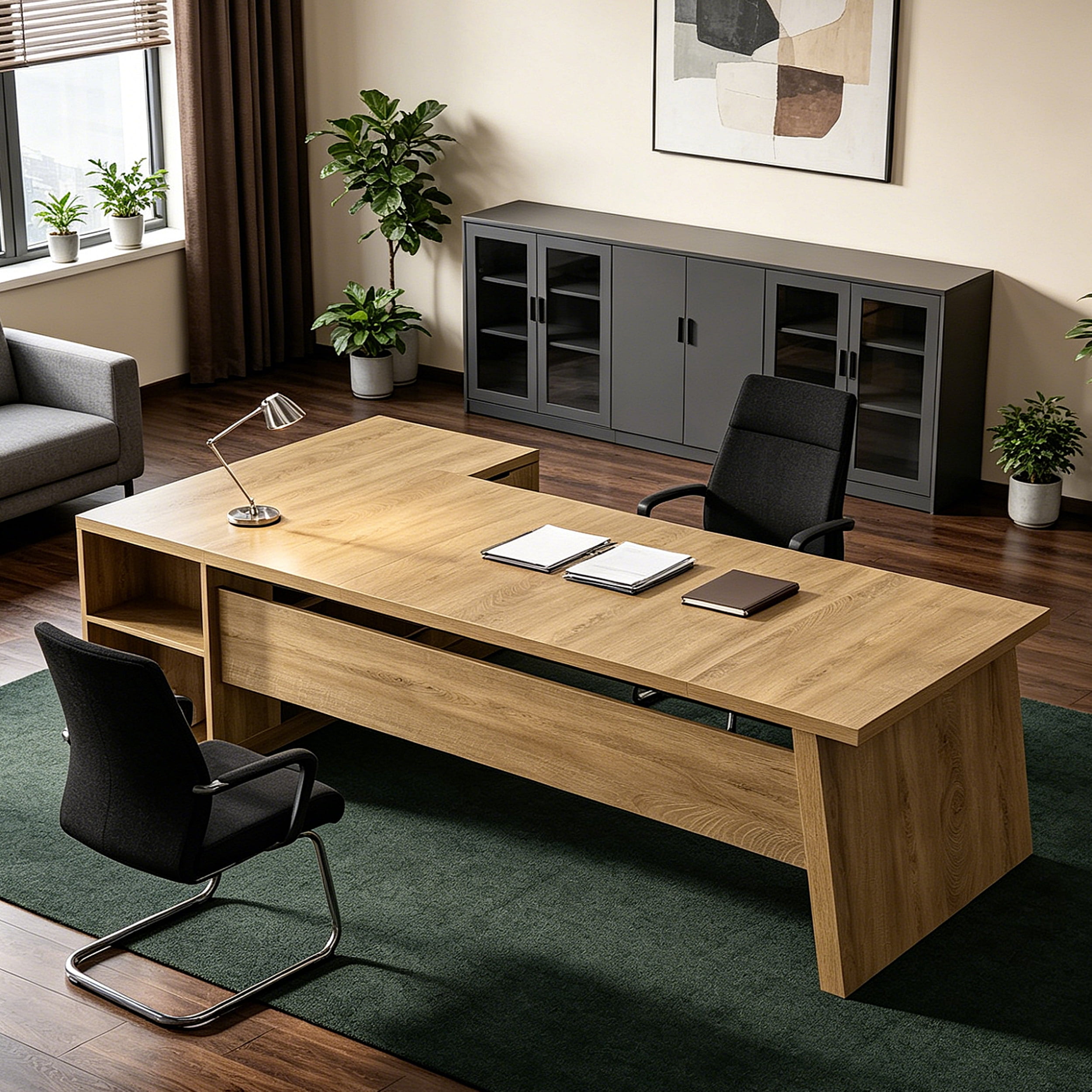Fnova 77" Large L-Shaped Executive Office Desk with File Drawers and Storage Shelves, Modern Computer Desk Writing Desk for Home Office