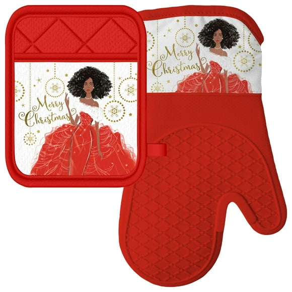 African American Expressions - Ensemble de Gants de Four (Joyeux Noël) Gant de Four 7"x13 Pouces/porte-Pot Ensemble en Silicone 7"x9", Tablier Assorti KM-12 Vendu Séparément