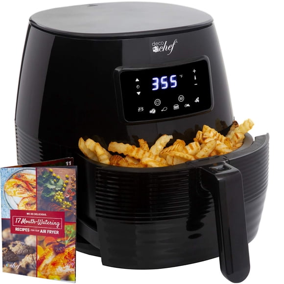 Deco Chef - Freidora de aire eléctrica digital de 5.8 cuartos (19.3 tazas) con accesorios y libro de cocina, freír, asar, hornear, crujir y recalentar para cocinar más saludable y más rápida (negro)