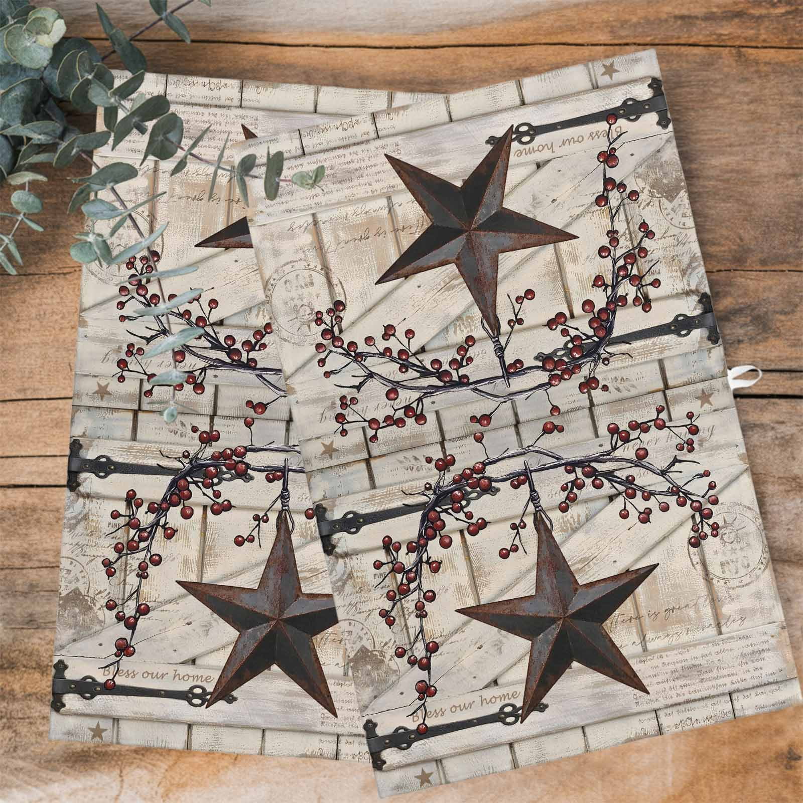 Texas Star Vintage Kitchen Towels Set of 3, Water Absorbent Dish Towel, Brown Retro Berry Beige Wooden Branches Decorative Hand Towels - Quick Drying Cloth for Cooking Baking, 18x28 Inch