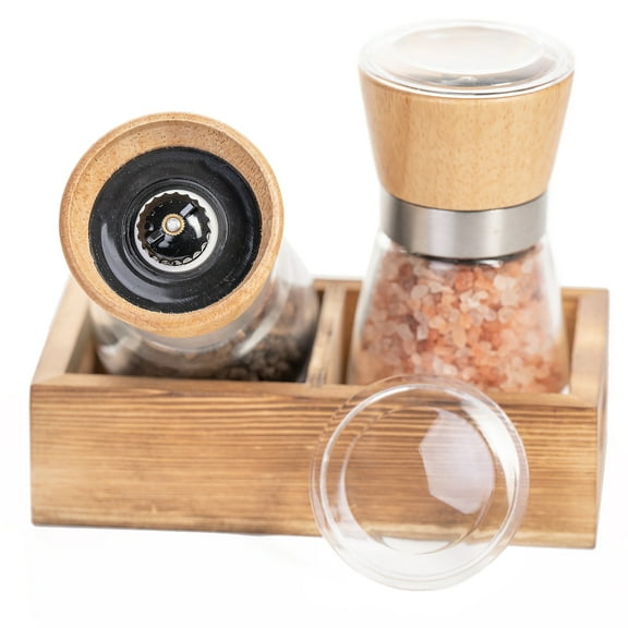 CB Accessories Salt and Pepper Grinder Set with Wood Tray, Manual Sea Salt, Peppercorn & Spice Mill, Clear/Beige