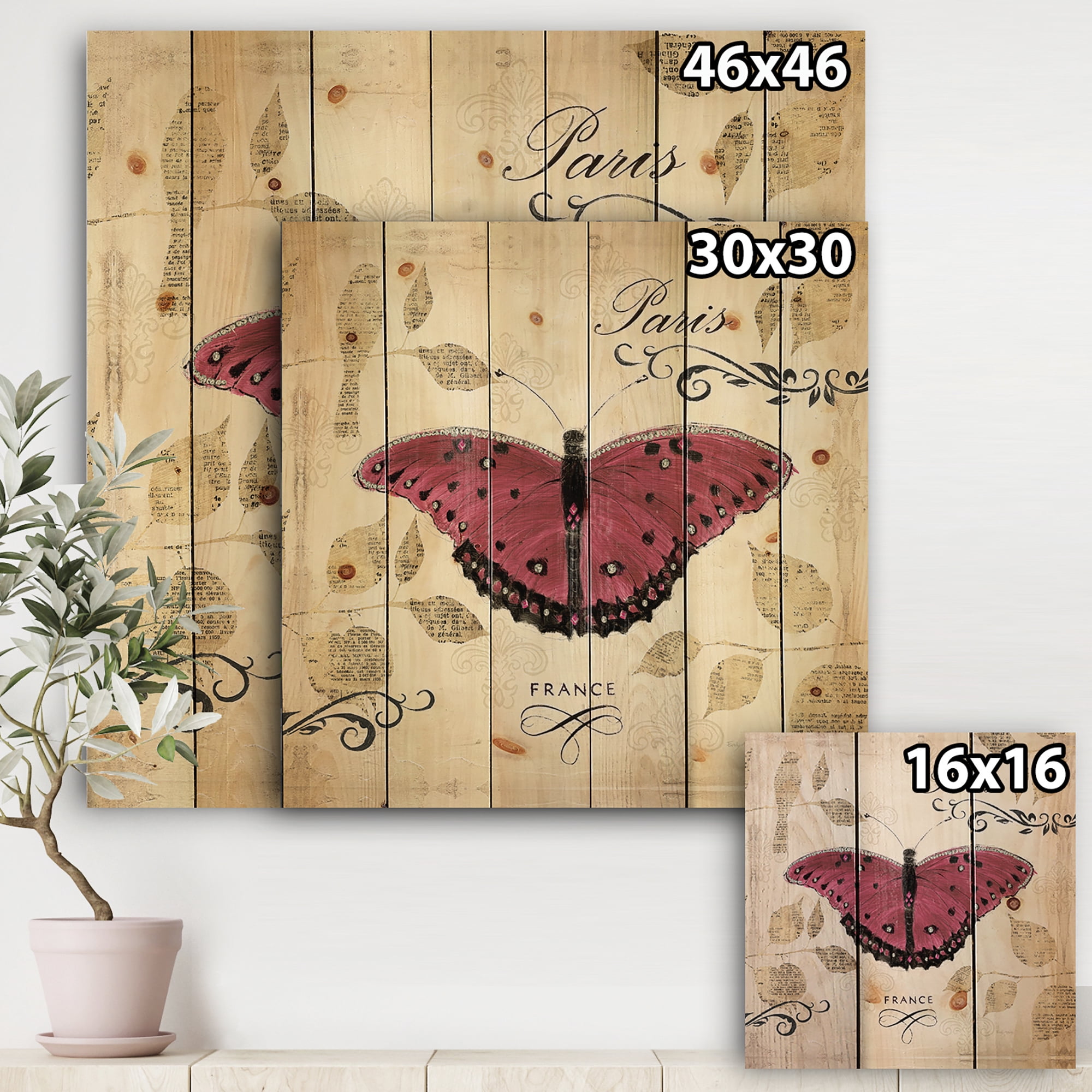 Designart 'Purple Farmhouse Butterfly' Farmhouse Print on Natural Pine Wood