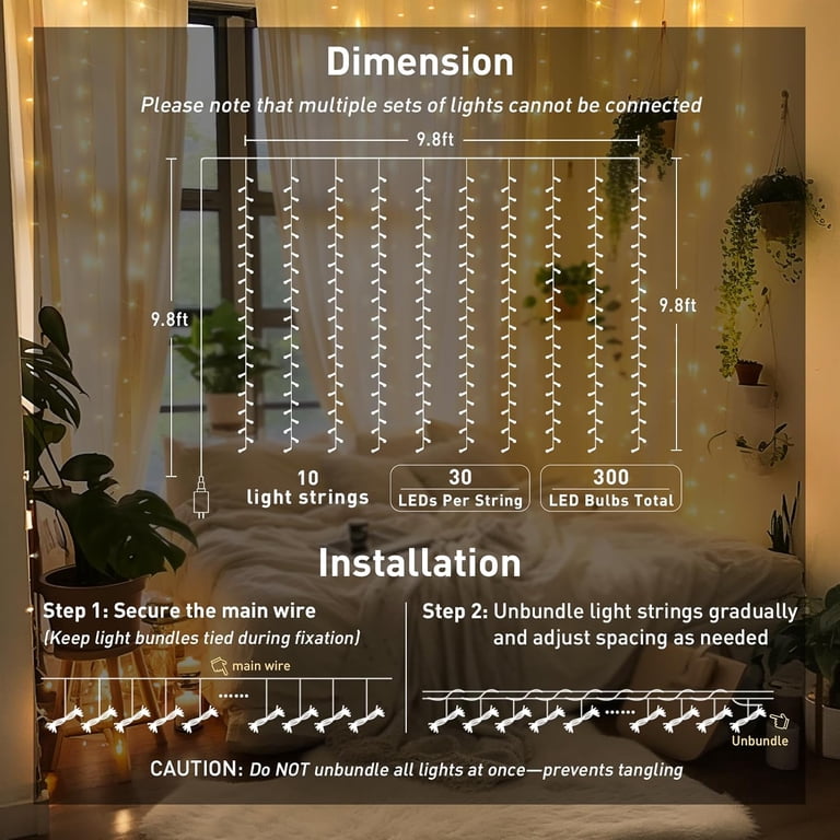 JMEXSUSS LED Curtain String Lights Plug-In, 9.8x9.8ft photo 7