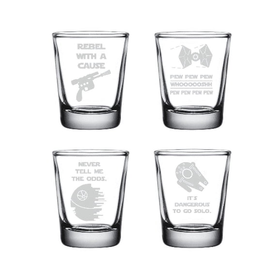 SW Etched Shot Glass Set of 4. Pew Pew Pew, Never tell me the odds, Rebel with a cause, Its dangerous to go Solo.