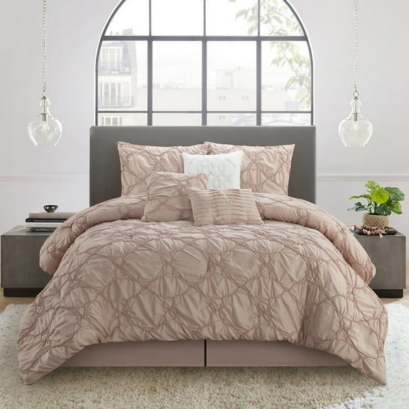 Nanshing Minny Puckered Pintuck 7-Piece Comforter Set, Queen, Blush