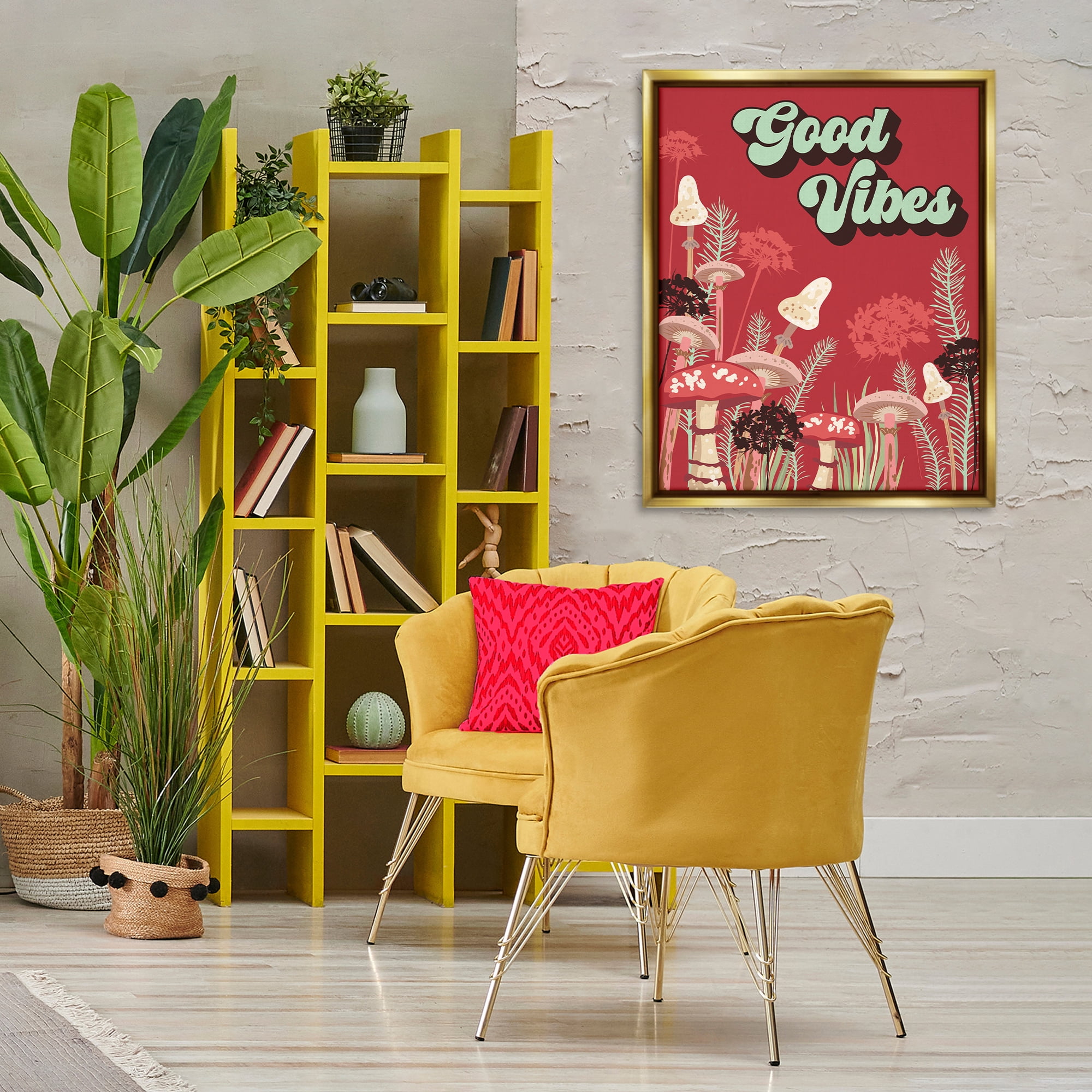 Stupell Industries Good Vibes Mushrooms Botanical & Floral Painting Gold Floater Framed Art Print Wall Art, 25 x 31