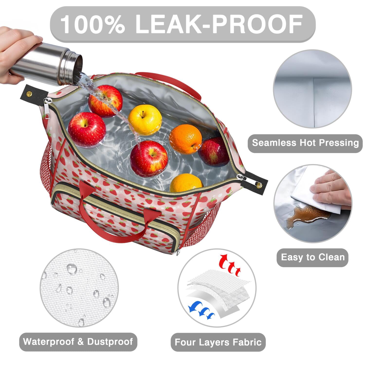 Sweet Strawberry Large Cooler Bag - Leakproof Insulated Lunch Tote with Multi-Pocket, Durable Handles for Office, Travel (Fresh Berry & Flower Pattern)