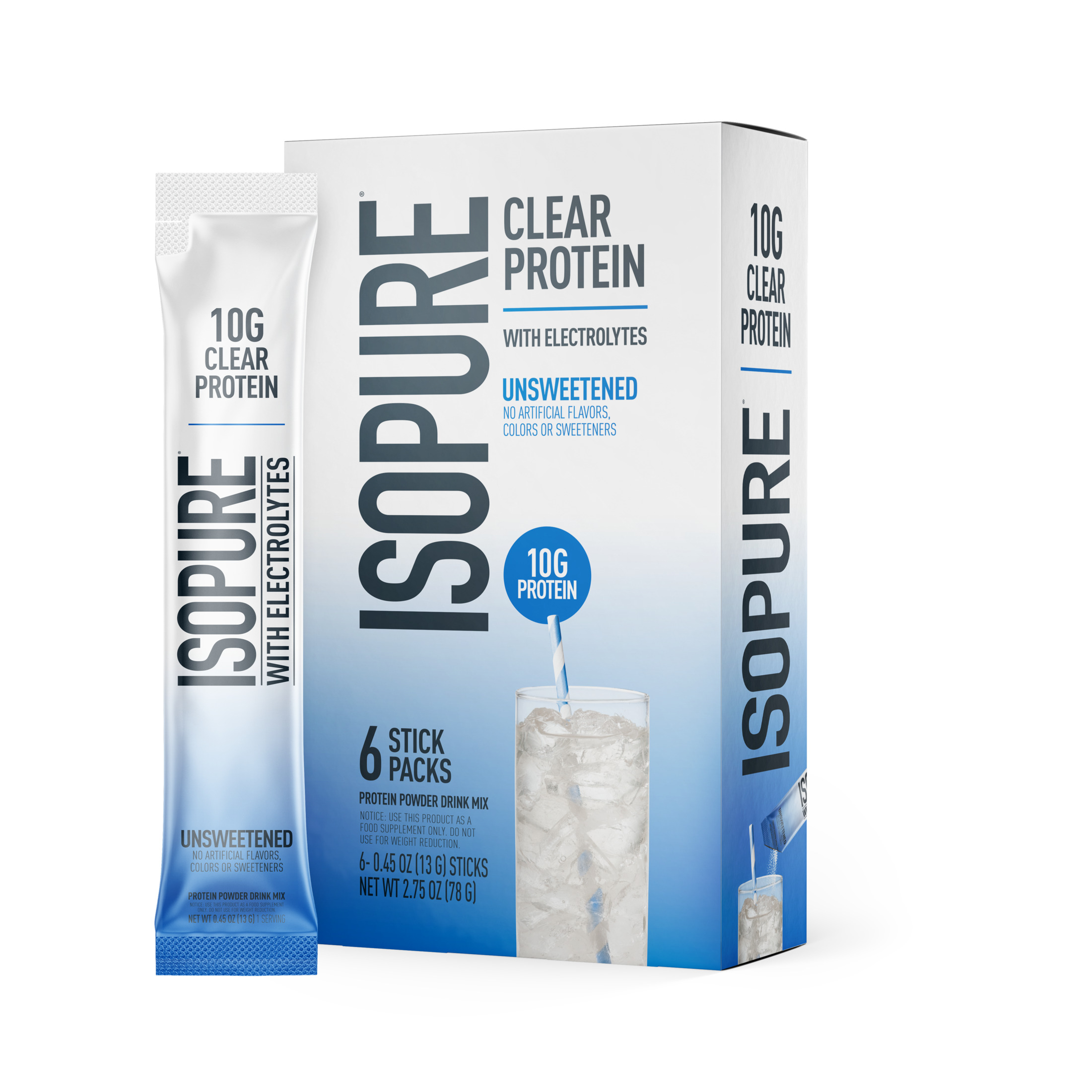 Isopure Clear Protein Powder with Electrolytes, Unsweetened Stick Pack, 6 Count