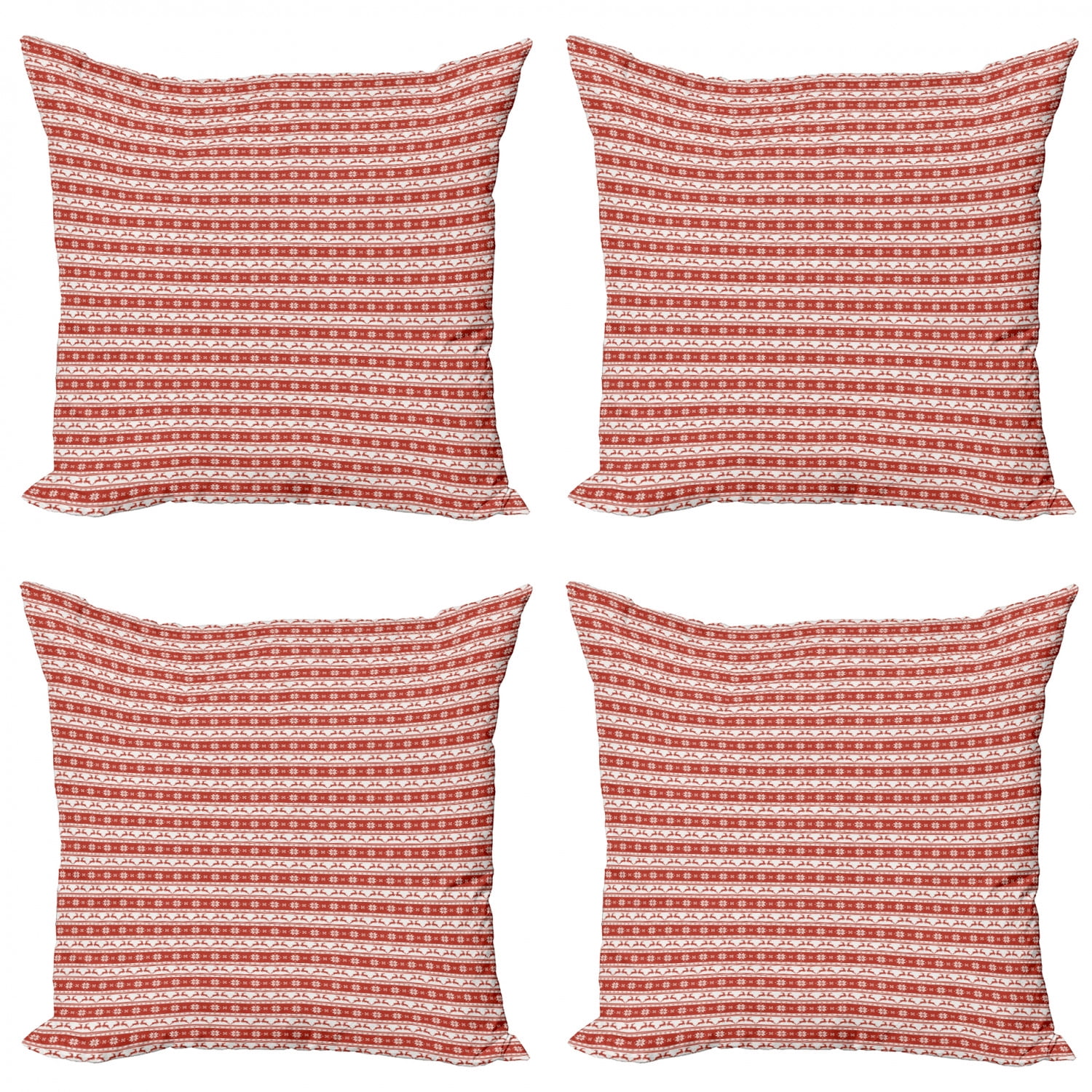 Christmas Throw Pillow Cushion Case Pack of 4, Norwegian Scandinavian Traditional Vintage Style Borders Reindeer Striped Flower, Modern Accent Double-Sided Print, 4 Sizes, Red White, by Ambesonne
