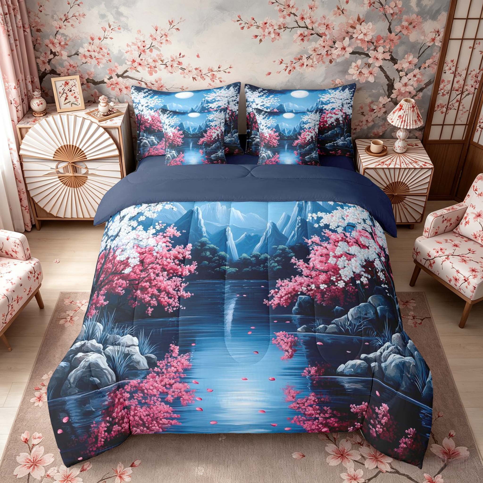 Manfei Night Fuji Lake Bedding Comforter Set for Teens, Cherry Moon Queen Bedding Sets, Blue Pink White, Navy Reversible7 Pieces