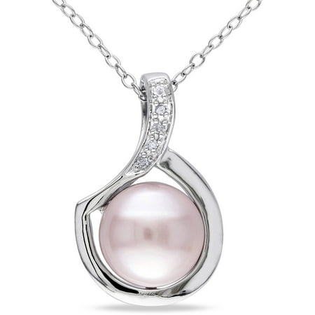 Tangelo 9-9.5mm Pink Button Cultured Freshwater Pearl and Diamond-Accent Sterling Silver Fashion Pendant, 18