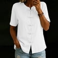 thumbnail image 5 of ClodeEU Women's Chinese Frog Button Stand Collar Short Sleeve Blouse,Solid Casual Summer Shirt Top White,Women's Plus S, 5 of 8
