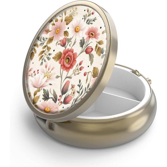 Pill Case Pill Box with Mirror Retro 3 Compartment Small Pill Case for Purse or Pocket Bronze Small Roud Pill Box or Vitamins, Fish Oil, Supplements, Pill Containe Travel Gifts(Retro Red Flowers)