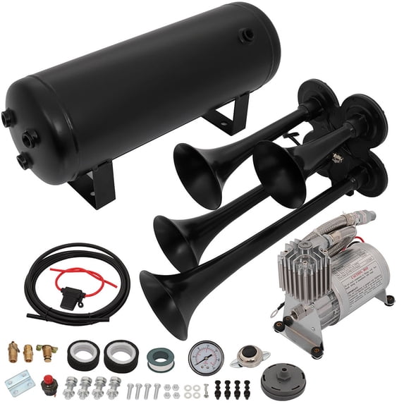 CCIYU 12V Loud Air Horn 4Trumpet Air Horn Kit with 150PSI Air Compressor 1.5 Gal Air Tank Replacement for Train Car Truck Boat RV
