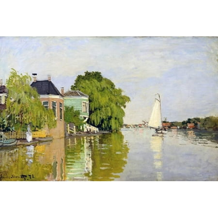 Art Oil Painting Impressionist Landscape - Houses on the Achterzaan River Impressionist Landscape Painting Print Wall Art By Claude Monet
