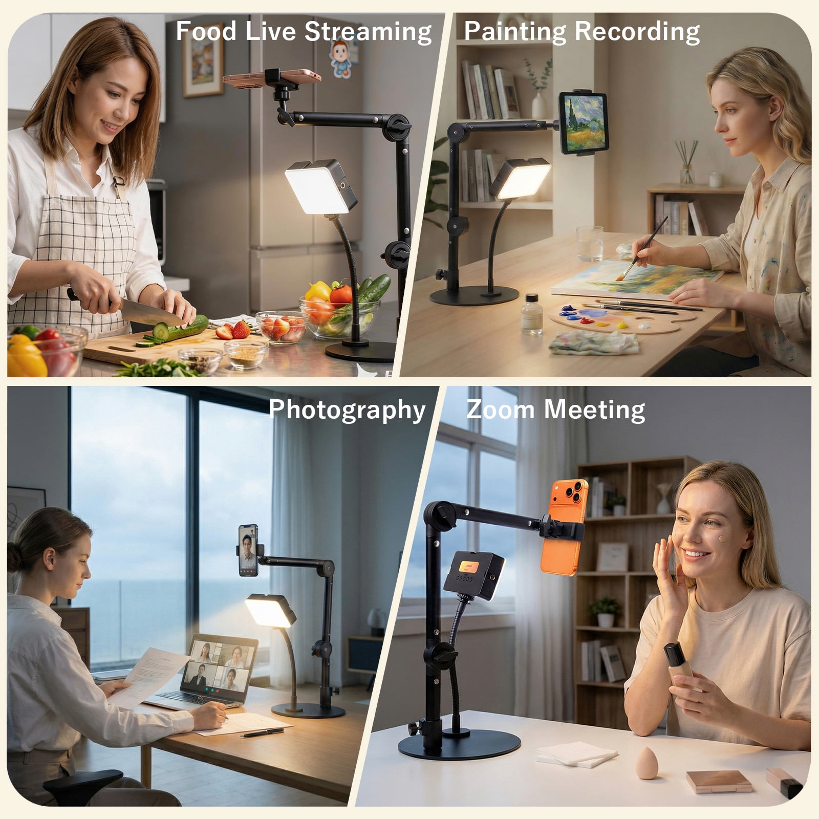 HAARAY Overhead Phone Mount with 1800mAh Magnetic Rechargeable Light for Desk, 90 LED Dimmable Selfie Light with 3-Stage Adjustable Stand & Remote, Phone Tablet Stand for Video Recording, Live Stream