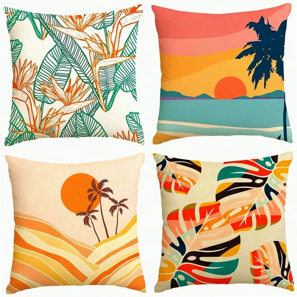 Tropical Leaf Decor Pillow Set - Modern Minimalist Aesthetic 18x18 Throw Cases, Summer Outdoor Patio Sofa Couch Bedroom Covers - Set of 4