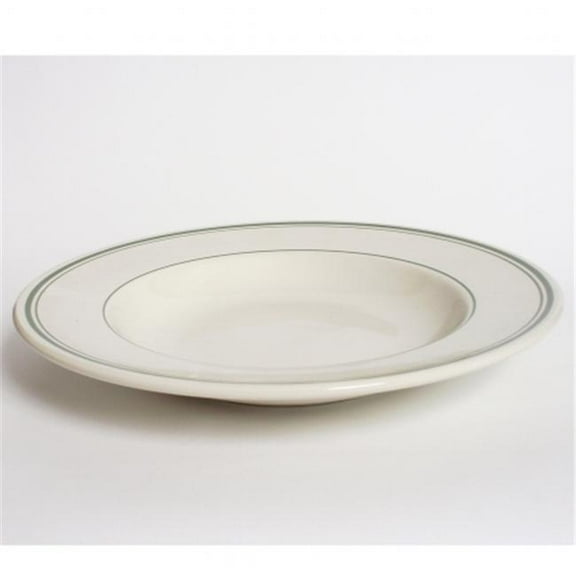 Tuxton China TGB-125 Green Bay 26 oz. Wide Rim Rolled Edge Rim Soup-Pasta Bowl - American White with Green Band - 1 Dozen