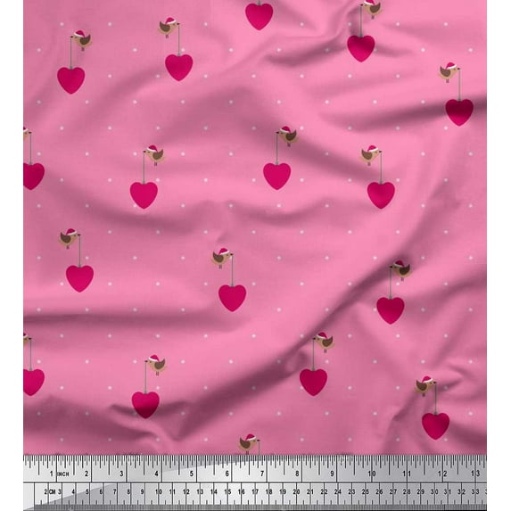 Soimoi Satin Silk Fabric Dot,Heart & Bird Clip Art Decor Fabric Printed Yard 42 Inch Wide