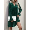 thumbnail image 6 of Women'S Elegant Velvet Long Sleeve Dress Casual Fall V Neck A Line Babydoll Flowy Formal Wedding Party Mini Dress Dark Green L, 6 of 8