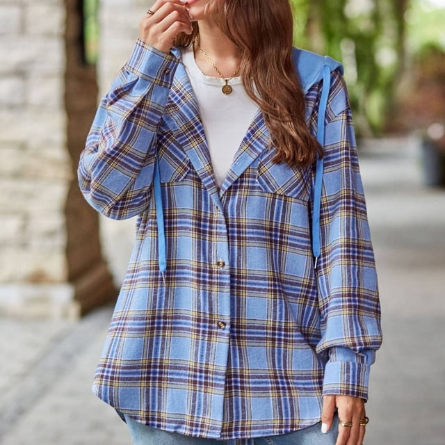 Women Long Sleeve Plaid Hooded Shirt Drawstring Button Up Shacket Jacket Chest Pockets Casual and Cozy