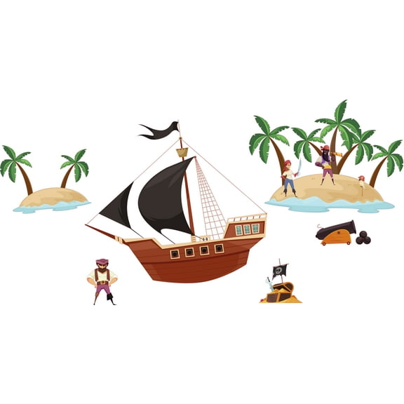 Removable Pirate Ship Boat Decor Captain Hook And Crew Design Vinyl Home Bedroom Nursery Wall Decoration Sticker - 18" x 30" Adhesive Kids Bedroom Art Islands Canon Balls Treasure Chest Wall Decal