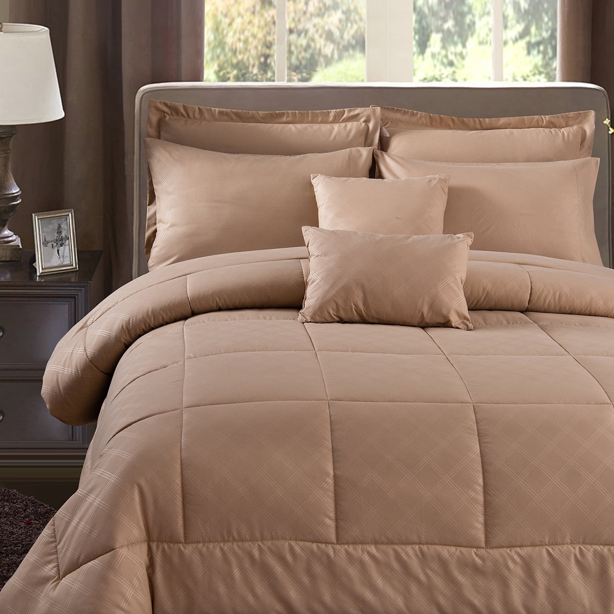 10 Pieces Bed in a Bag Bedding Comforter Set,Quilted Diamond Pattern,Cal King,Taupe