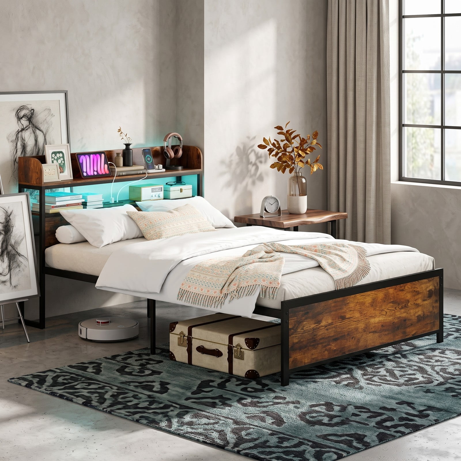 Furnibear Full Size Bed Frame with Storage Headboard, LED Platform Bed Frame with Power Outlets and USB Ports, Rustic Brown