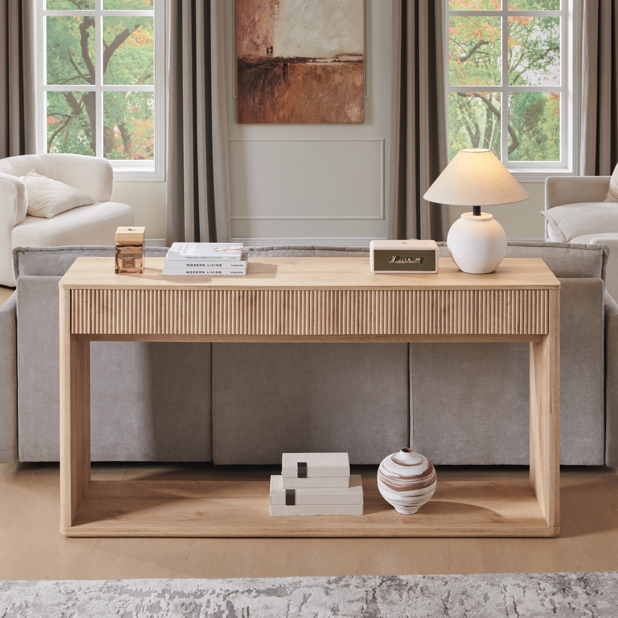 OKD 63 Inch Fluted Long Console Table for Entryway, Modern Entryway Table with 2 Large Drawers,Farmhouse Sofa Table Behind Couch for Living Room, Hallway, Natural Oak