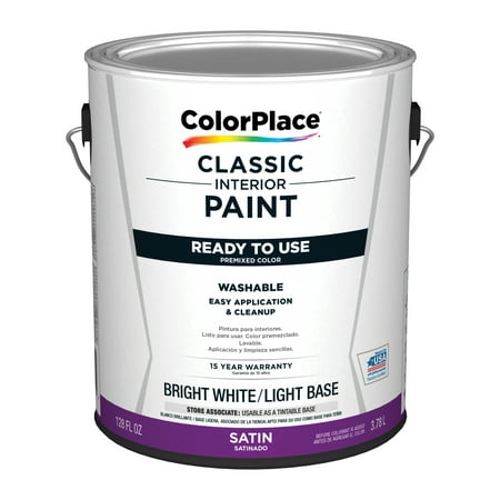 ColorPlace Classic Interior Wall & Trim Paint, Satin, Bright White/Light Base, 1 Gallon