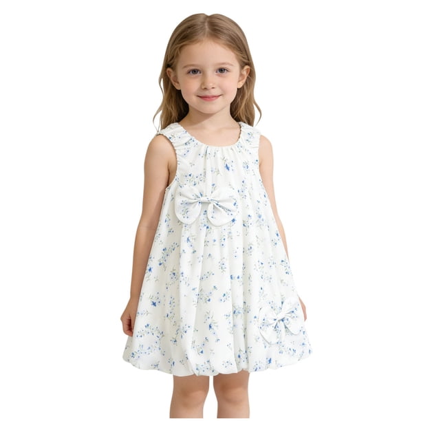 Vestido de Verano de Niñas sin Mangas Cuello Redondo Falda de Princesa con Impresión Floral con Diseño de Moda, Tela de Spandex de Poliéster Suave para Uso Diario Y de Fiesta Informal