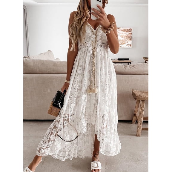 Summer European and American style lace halter top full skirt solid color long dress