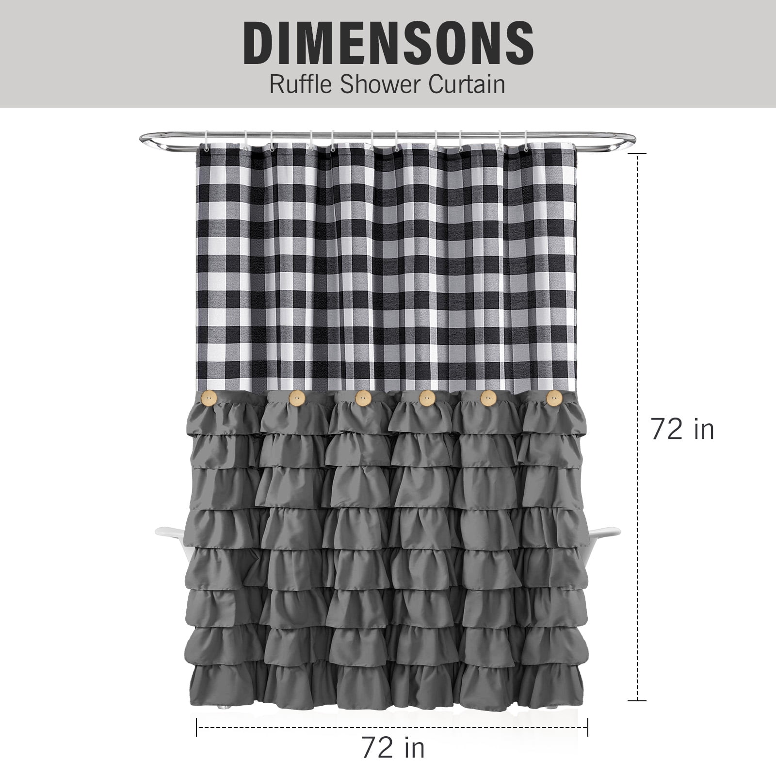 Farmhouse Shower Curtain Black and White Buffalo Plaid Pattern Fabric with Buttons & Gray Ruffles 72"x72"
