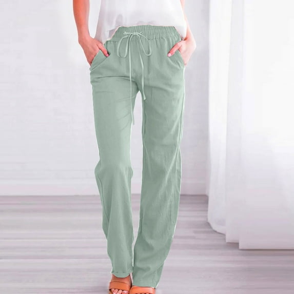 Pants For Women High Waisted Wide Leg Casual Drawstring Elastic Trousers Comfy Straight Long With Pockets Gray M