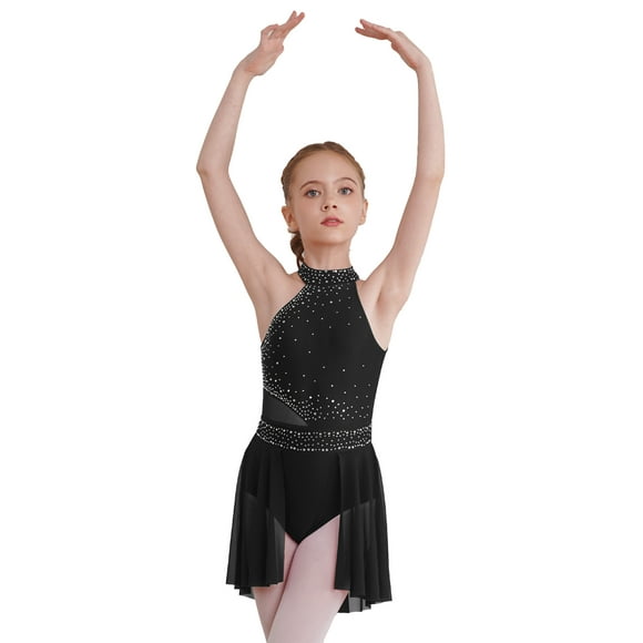 LiiYii Lyrical Ballet Dance Dress for Girls Figure Skating Dress Sleeveless Rhinestones Irregular Hem Skirt Leotard Black 14